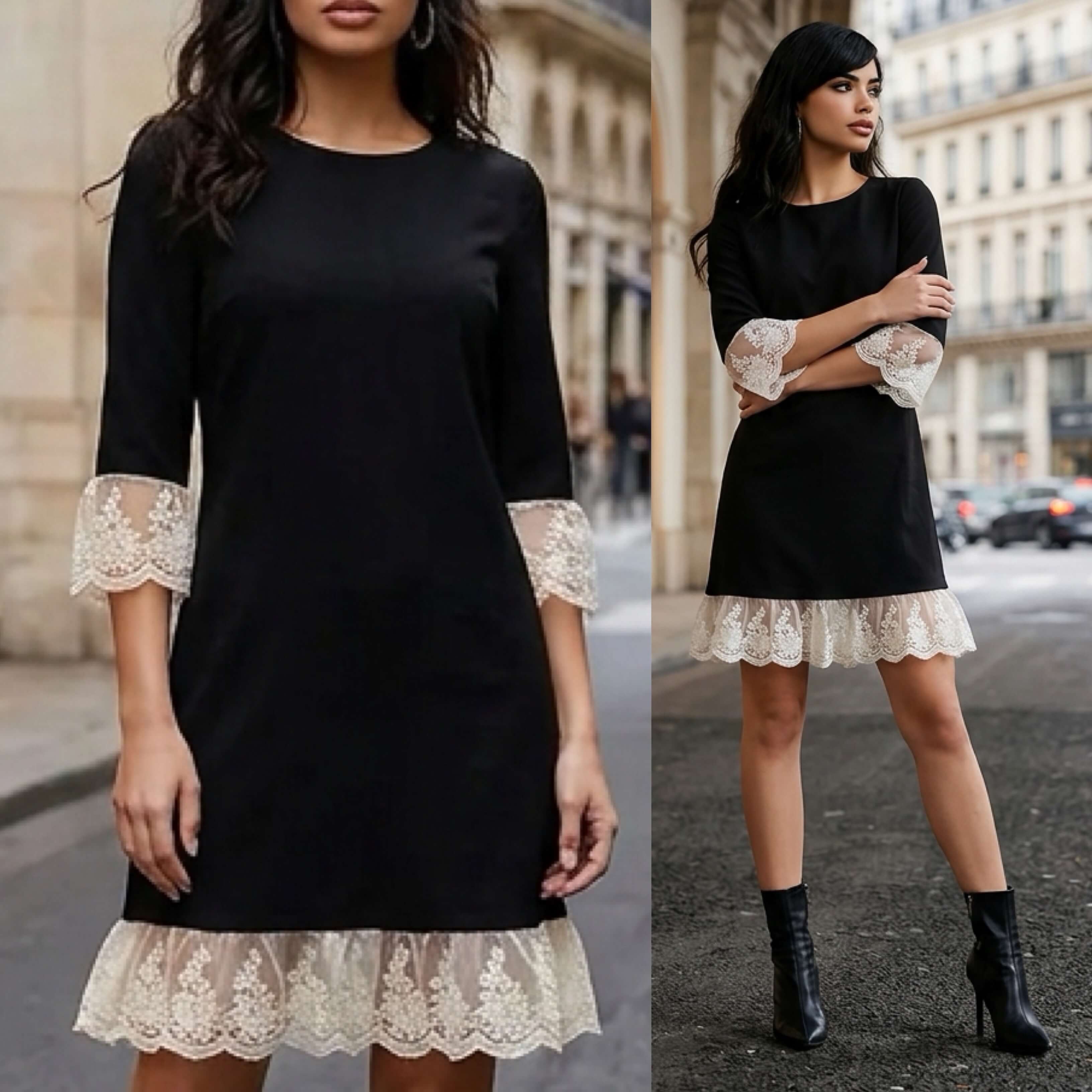 Rochie neagra din stofa cu dantela brodata - Paula 03