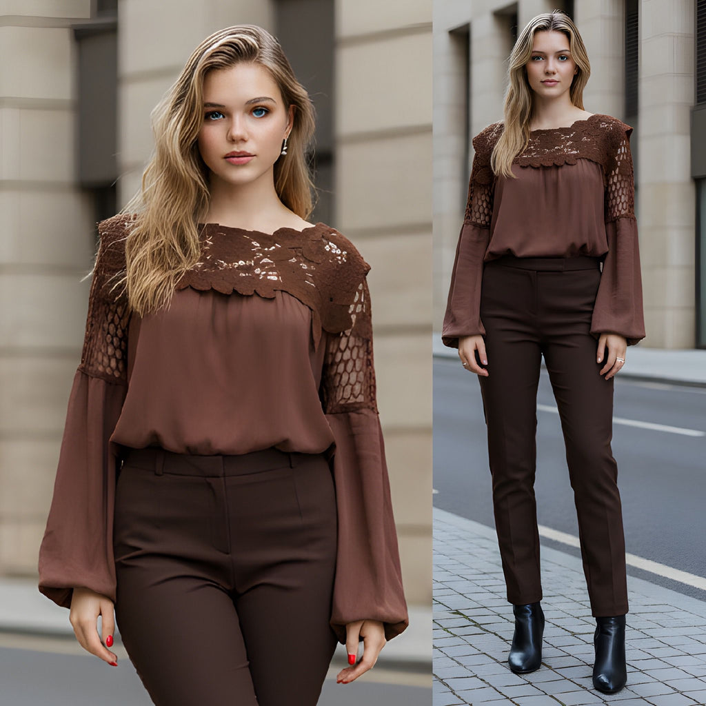 Bluza maro cu dantela crosetata - Ana 04