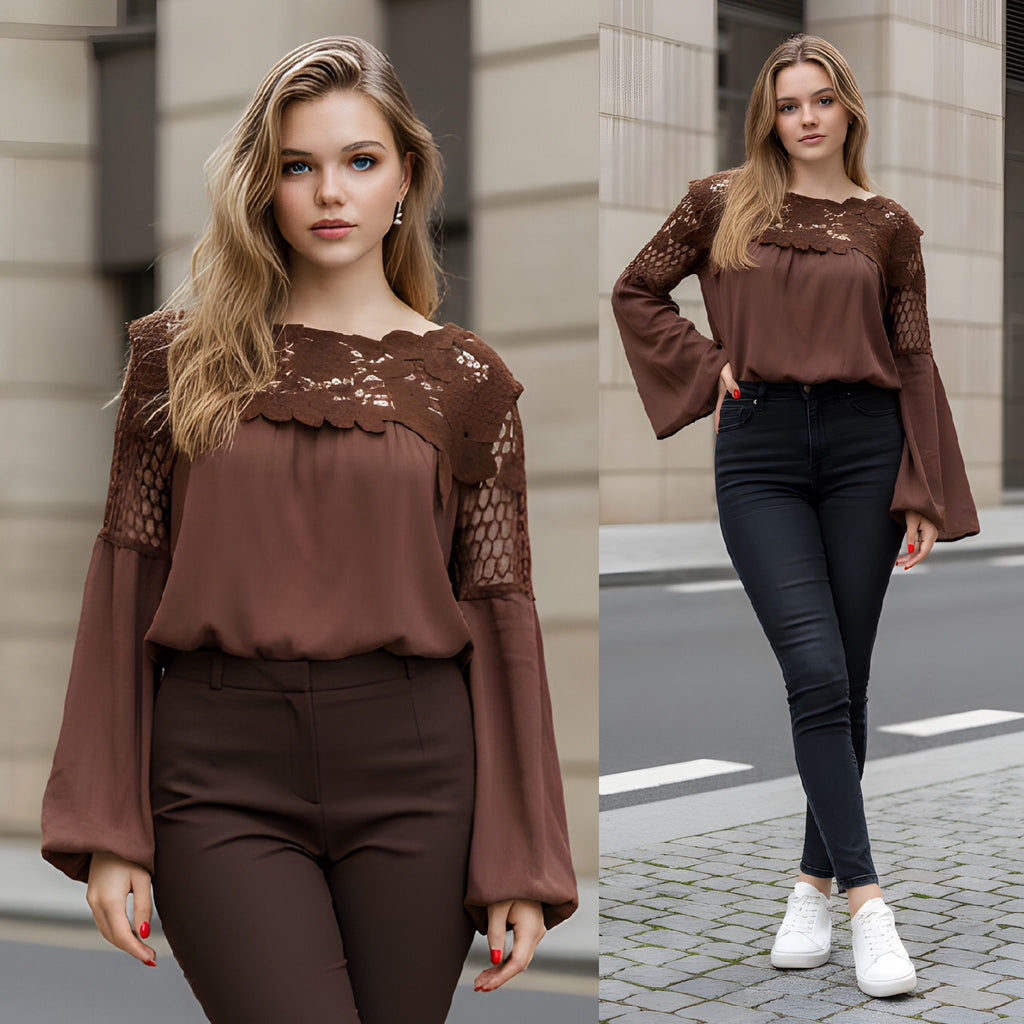 Bluza maro cu dantela crosetata - Ana 04