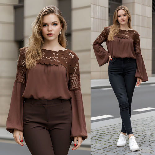 Bluza maro cu dantela crosetata - Ana 04