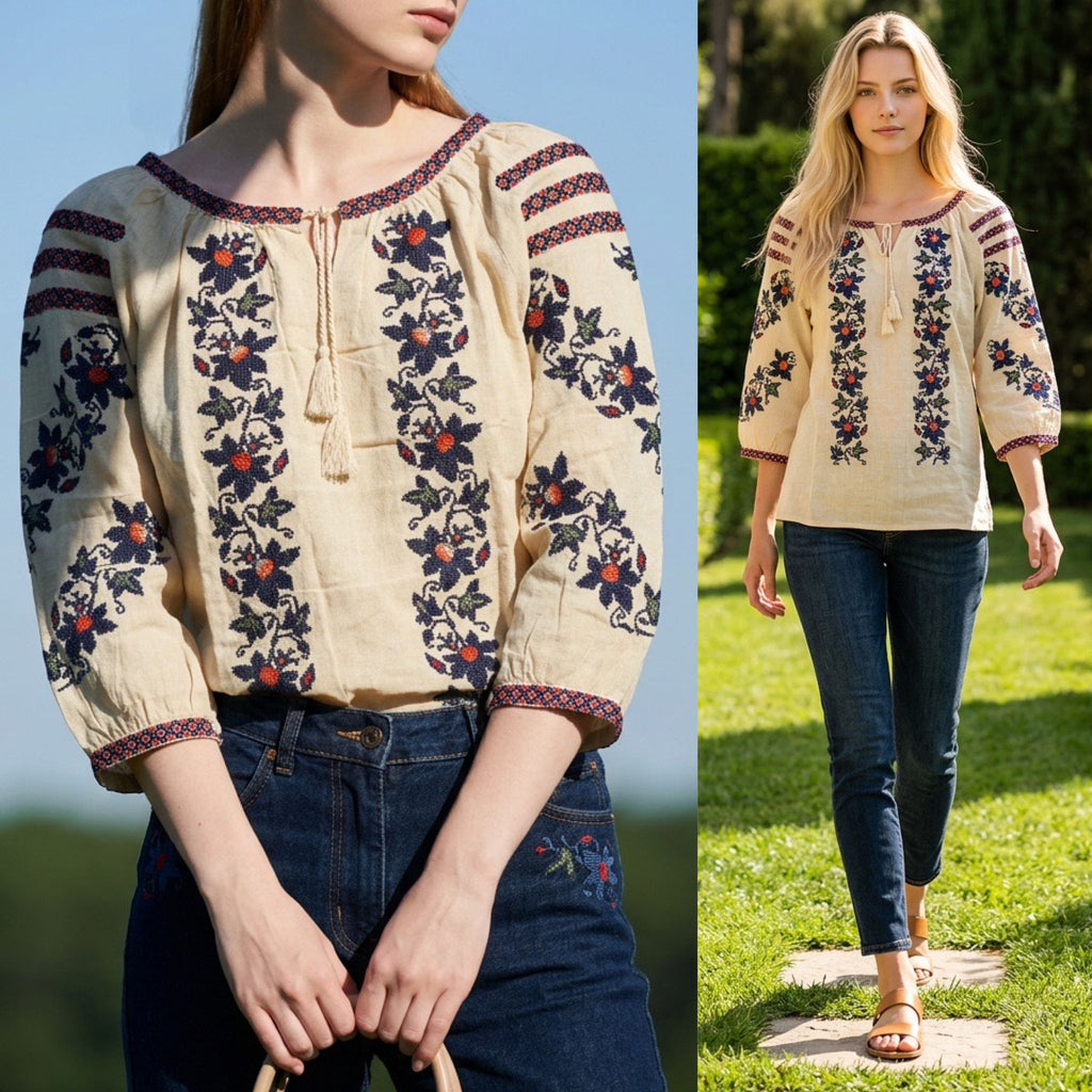 Bluza tip IE Traditionala din in crem - Ileana