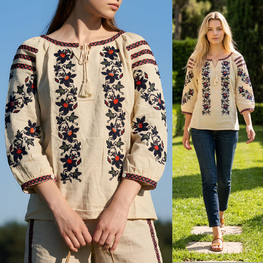 Bluza tip IE Traditionala din in crem - Ileana