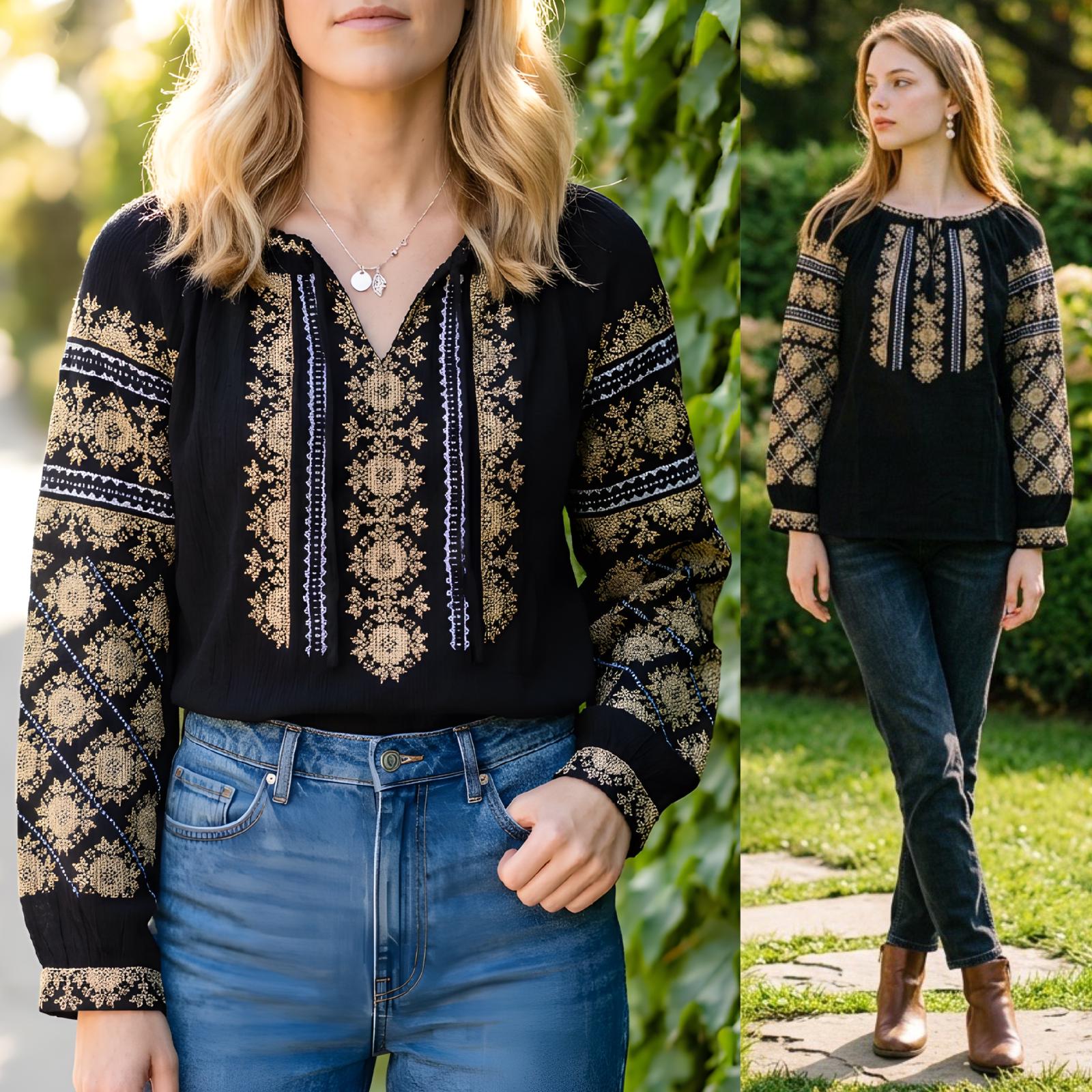 IE Traditionala cu broderie florala - Valentina neagra