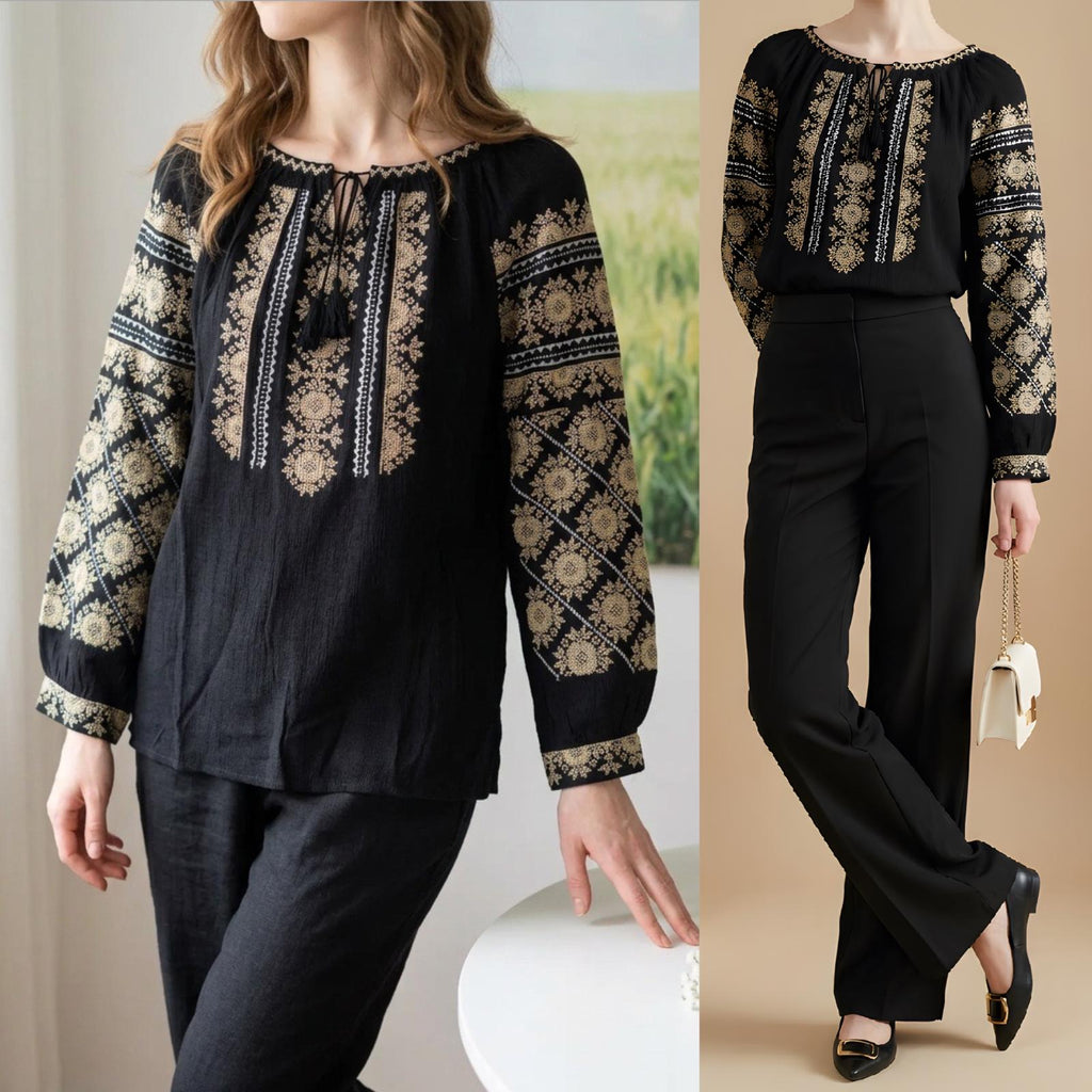 IE Traditionala cu broderie florala - Valentina neagra