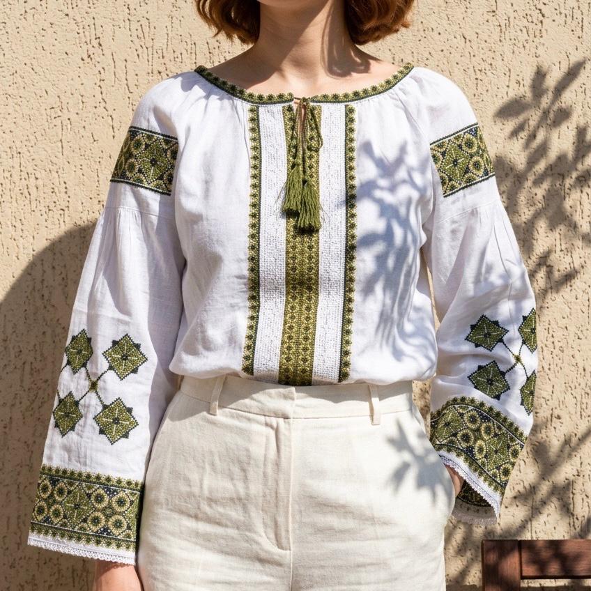 IE Nationala cu broderie verde si dantela - Olimpia 01