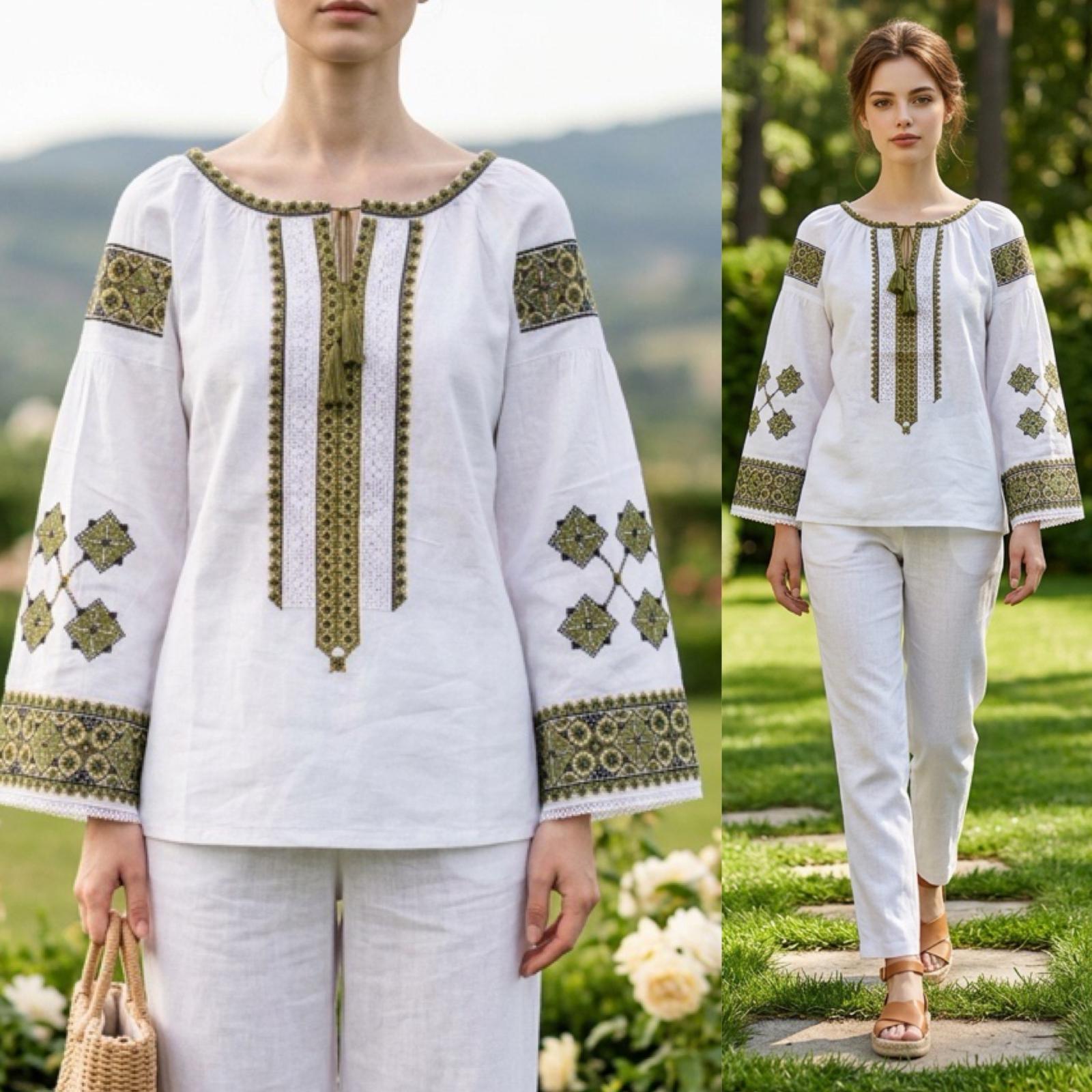 IE Nationala cu broderie verde si dantela - Olimpia 01