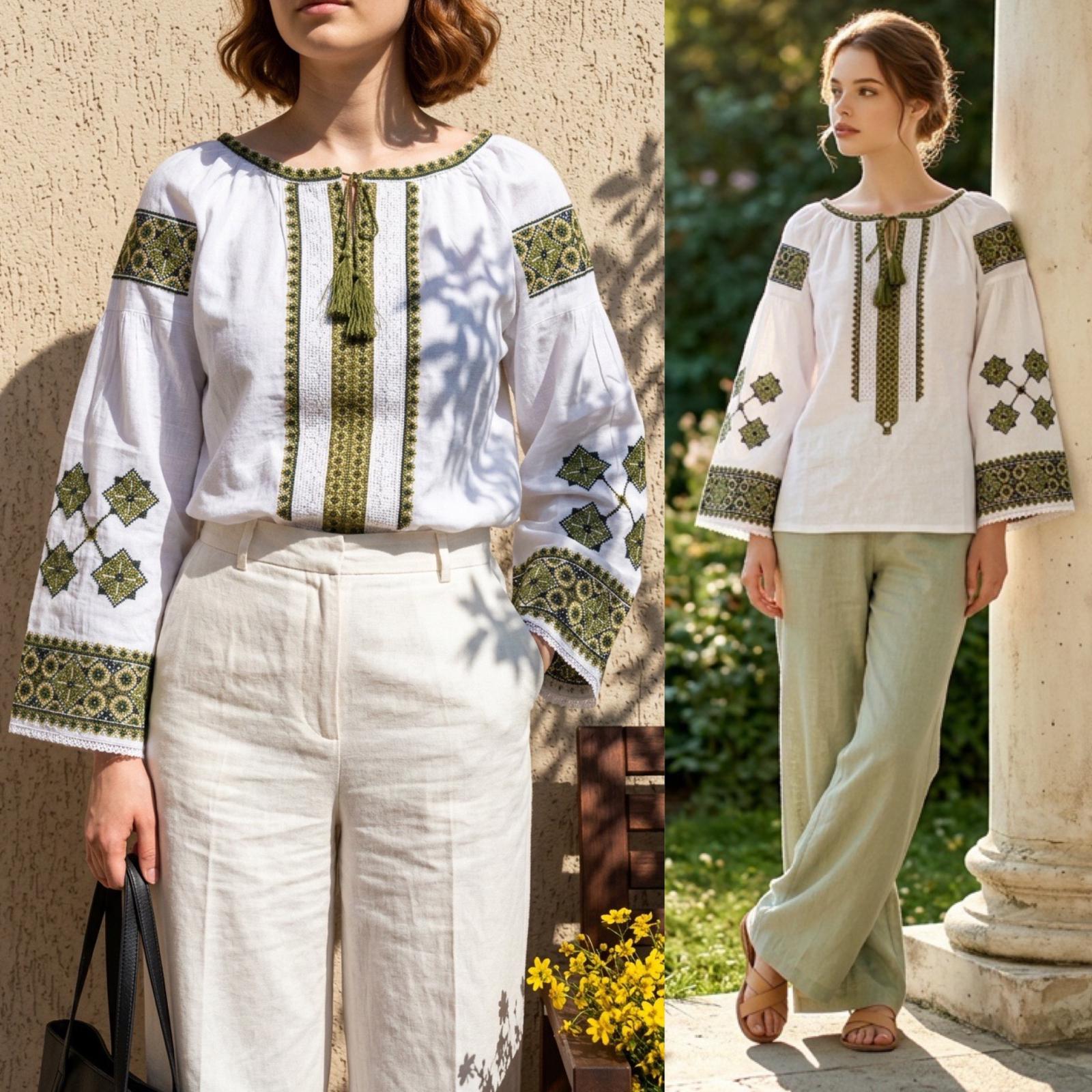 IE Nationala cu broderie verde si dantela - Olimpia 01