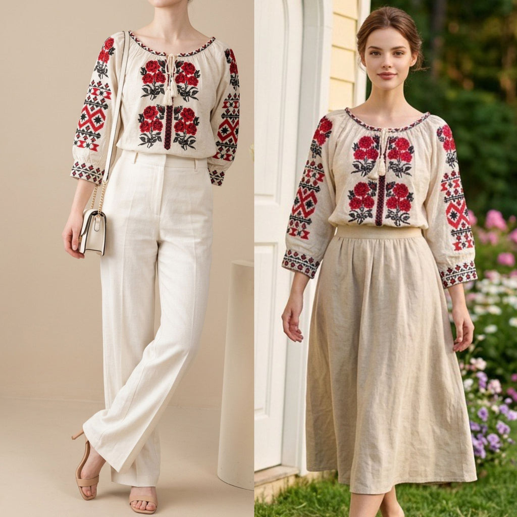Bluza tip IE Traditionala din in crem - Ioana