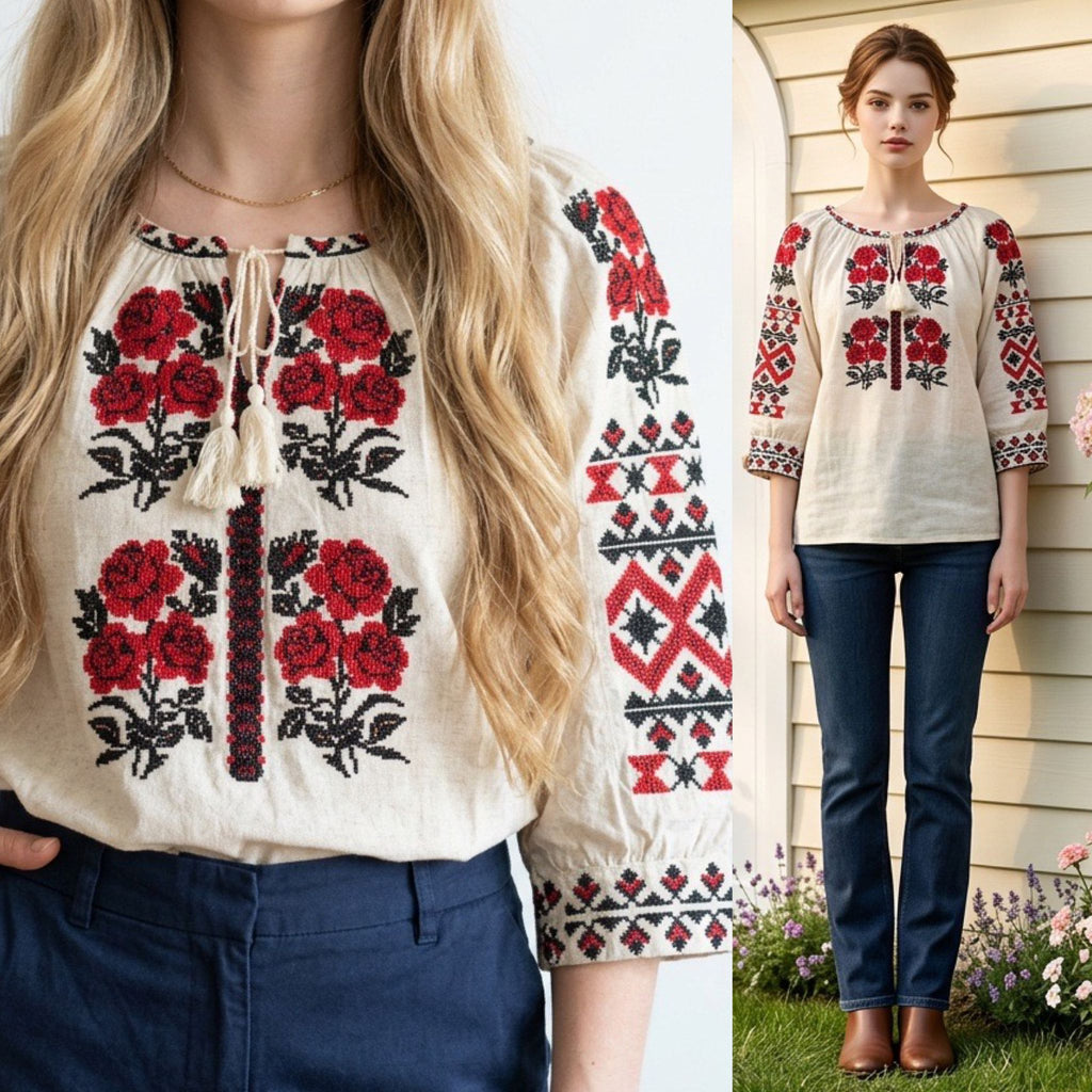 Bluza tip IE Traditionala din in crem - Ioana