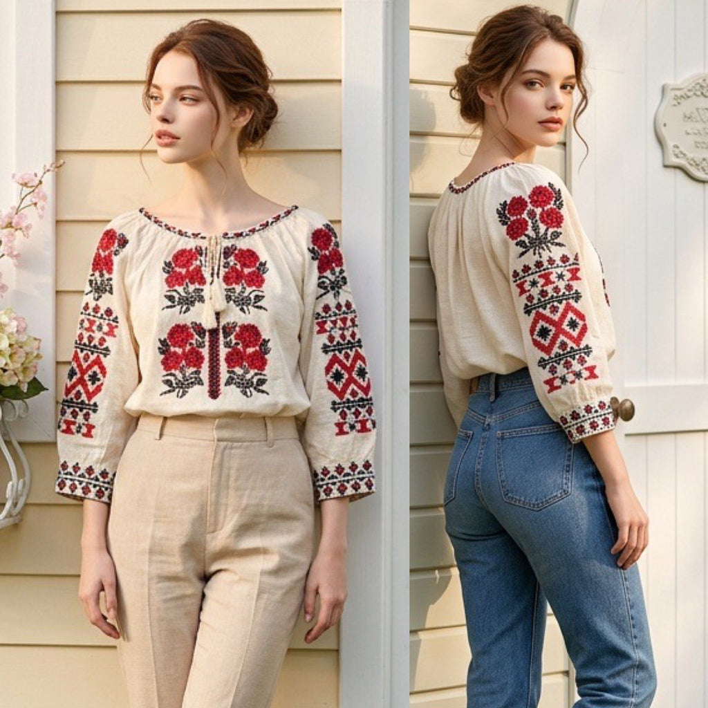 Bluza tip IE Traditionala din in crem - Ioana