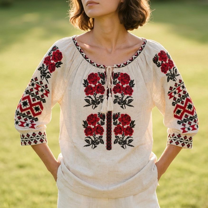 Bluza tip IE Traditionala din in crem - Ioana
