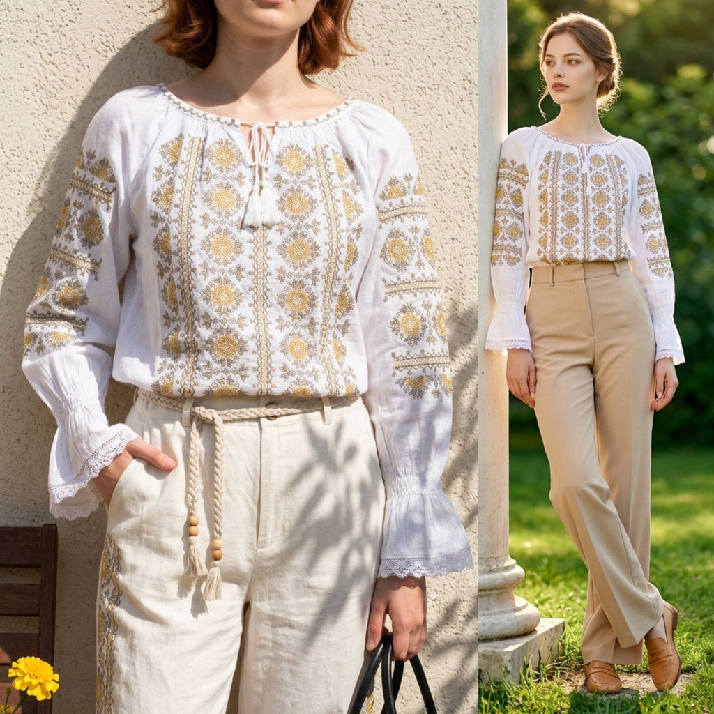 IE Traditionala cu broderie florala - Valentina alba