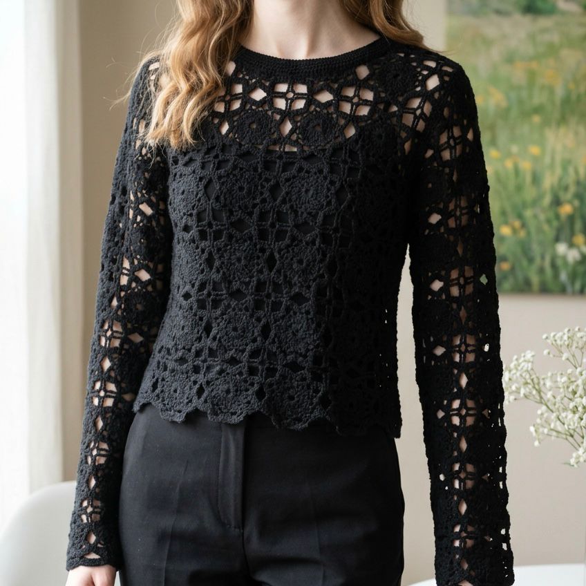 Bluza crosetata din macrame - Aura negru