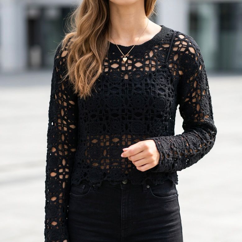 Bluza crosetata din macrame - Aura negru