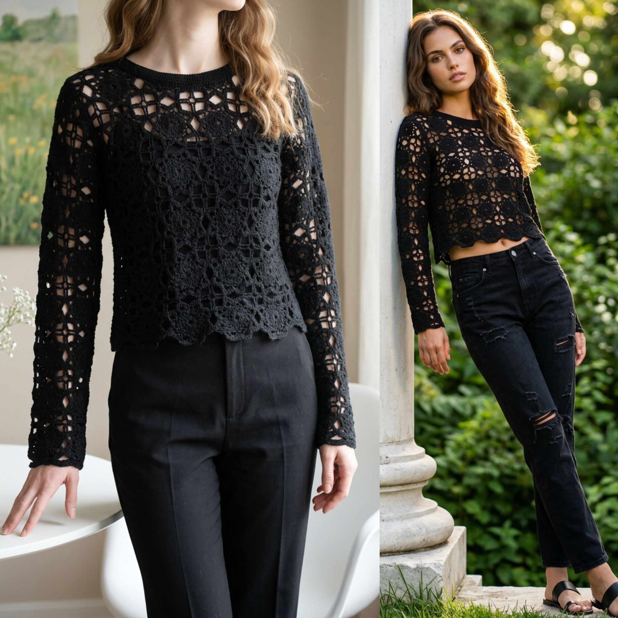Bluza crosetata din macrame - Aura negru