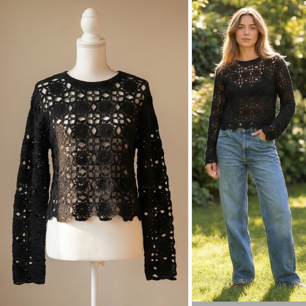 Bluza crosetata din macrame - Aura negru