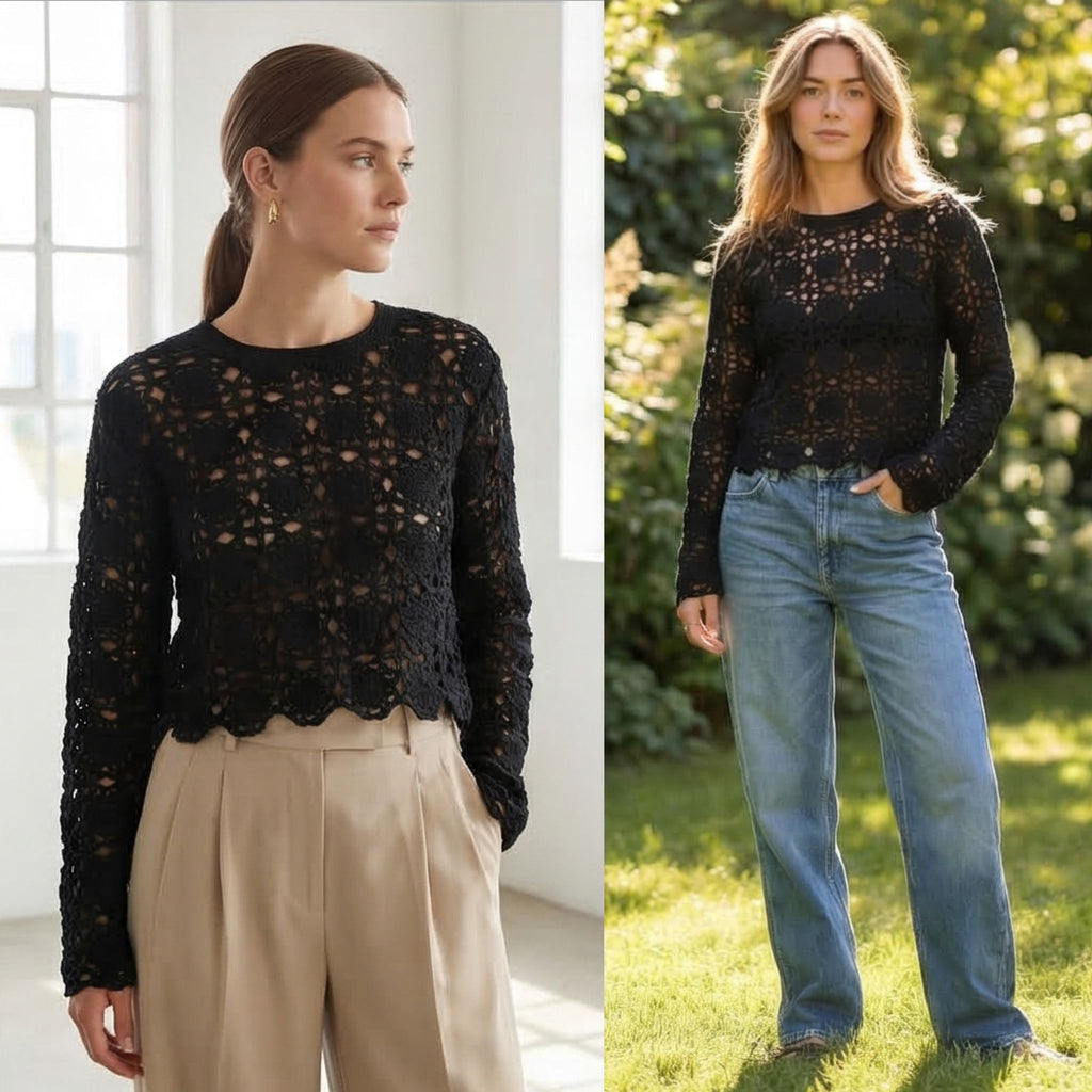 Bluza crosetata din macrame - Aura negru