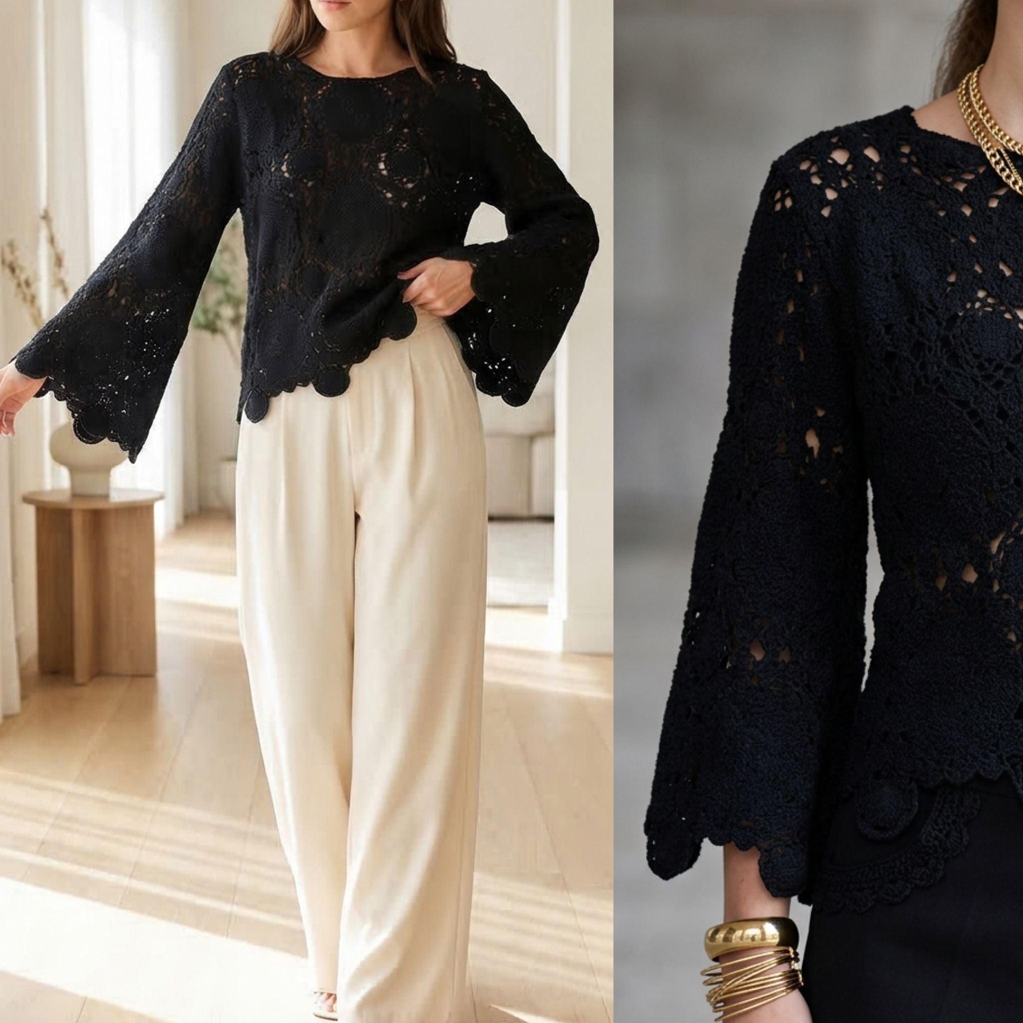 Bluza crosetata din macrame - Carla negru