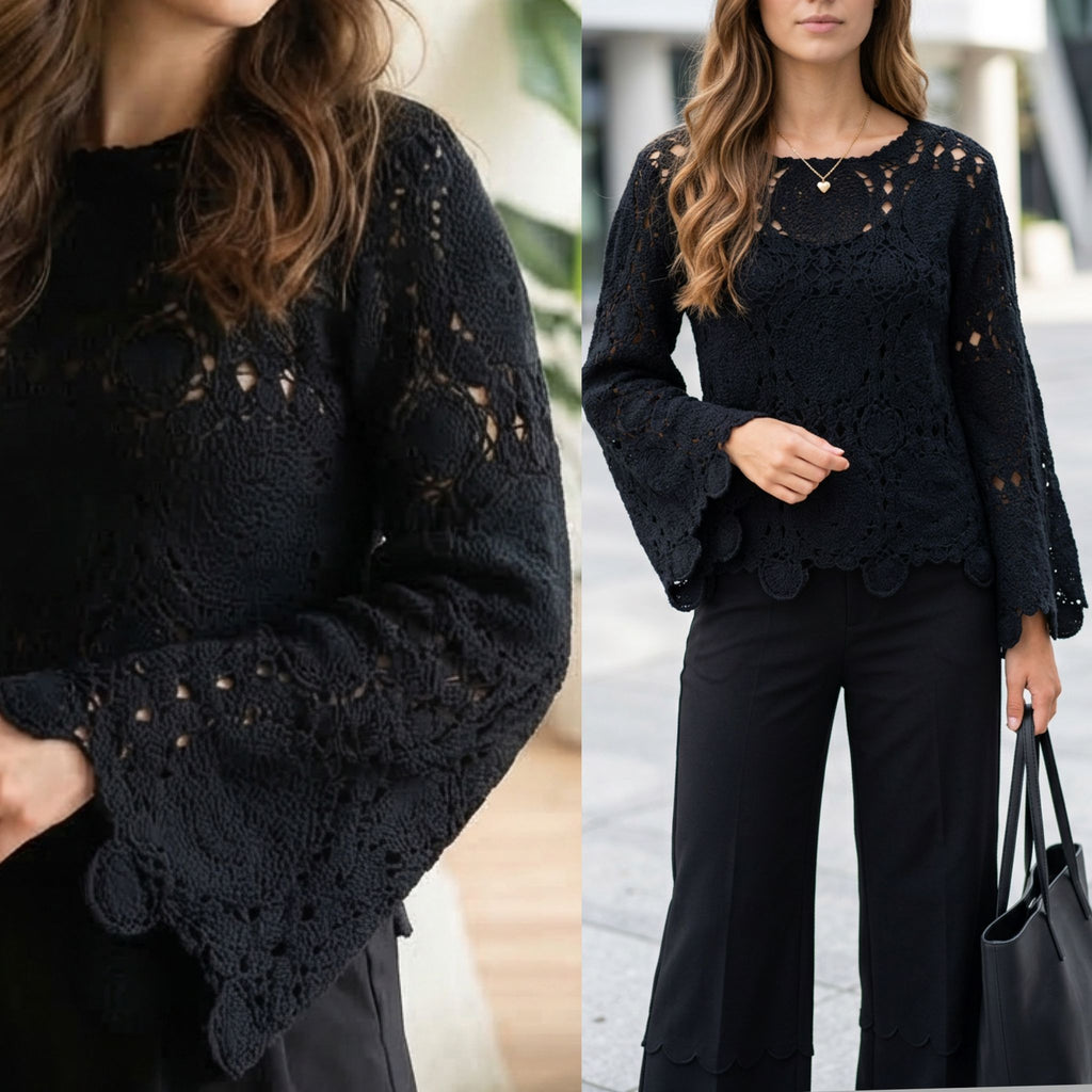 Bluza crosetata din macrame - Carla negru