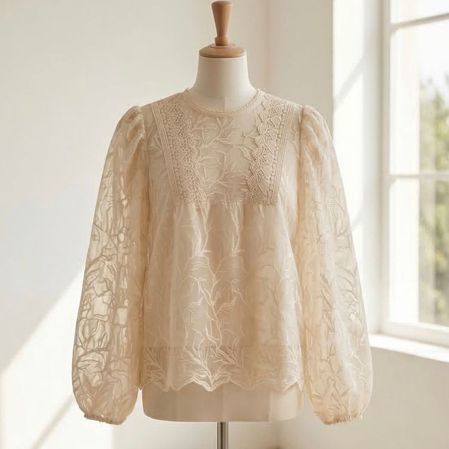 Bluza brodata din tul crem - Alma 02