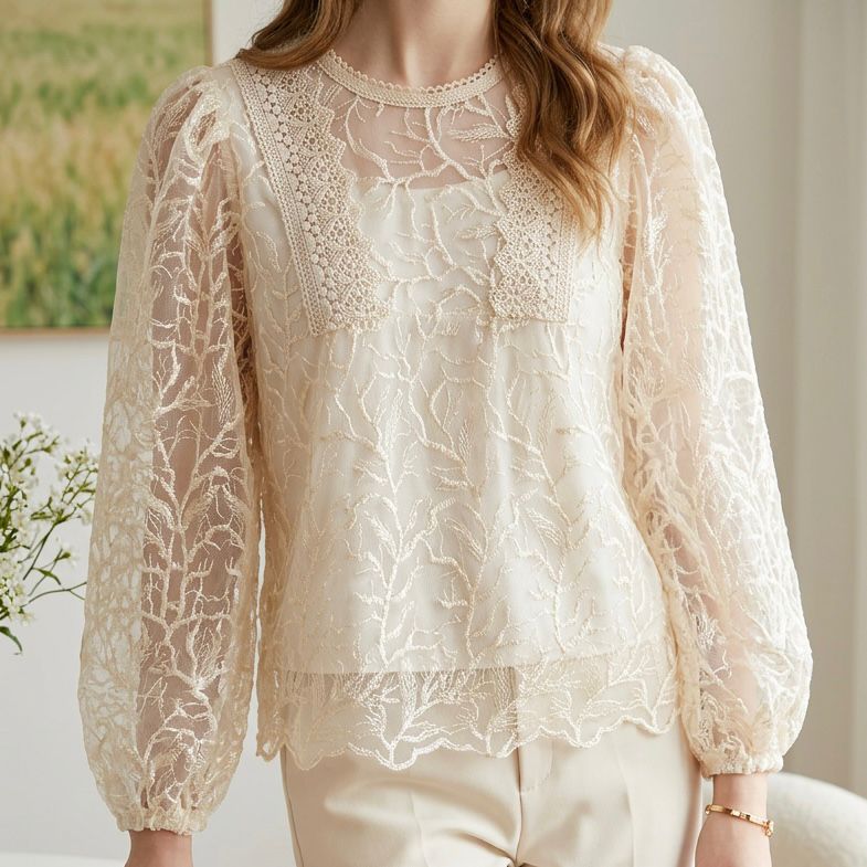 Bluza brodata din tul crem - Alma 02