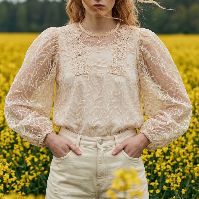 Bluza brodata din tul crem - Alma 02