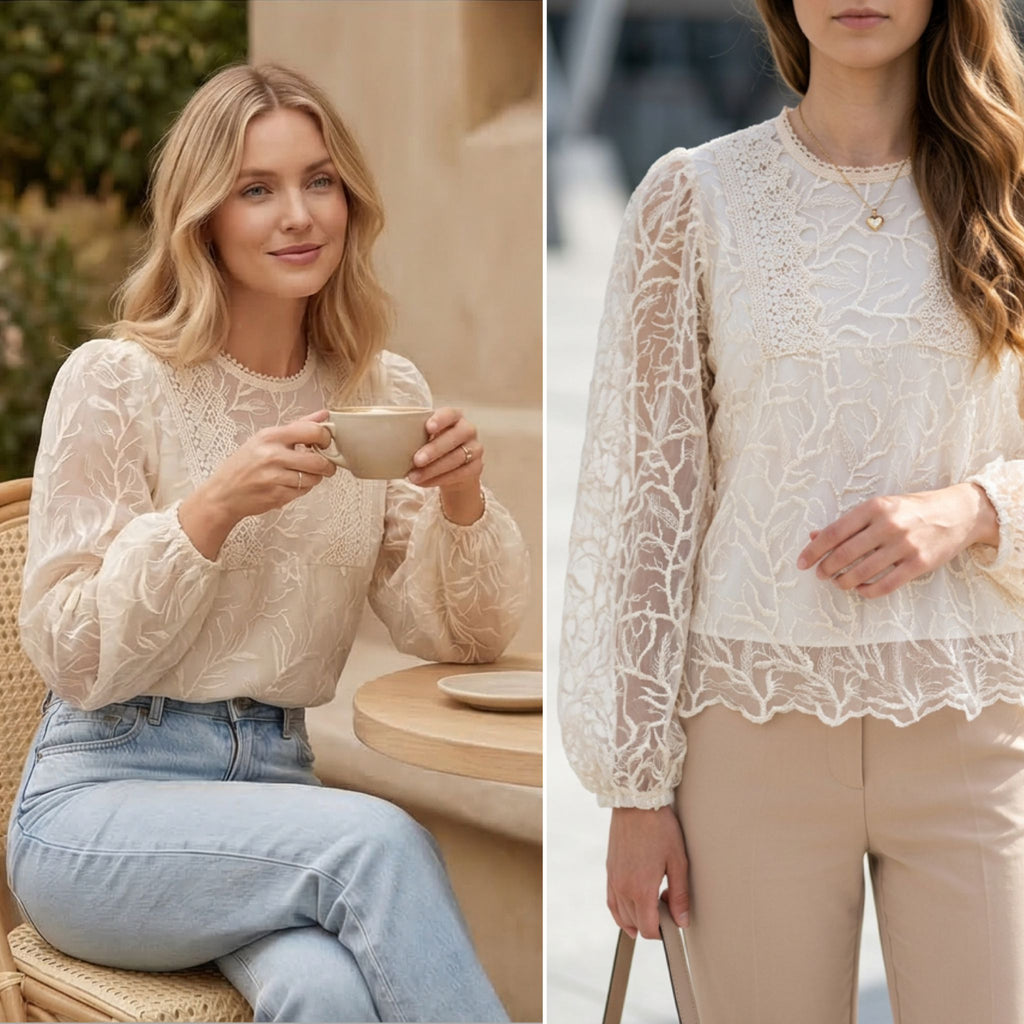 Bluza brodata din tul crem - Alma 02