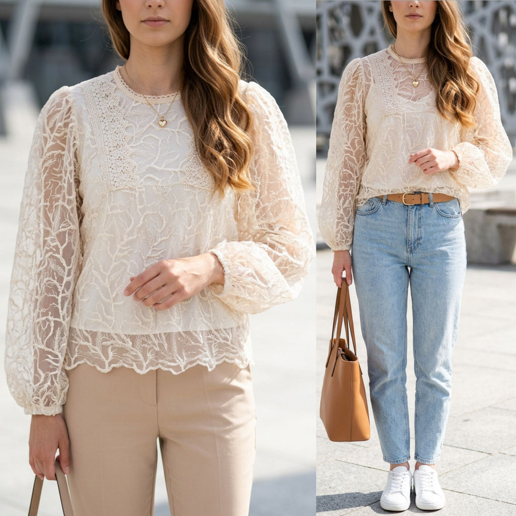 Bluza brodata din tul crem - Alma 02