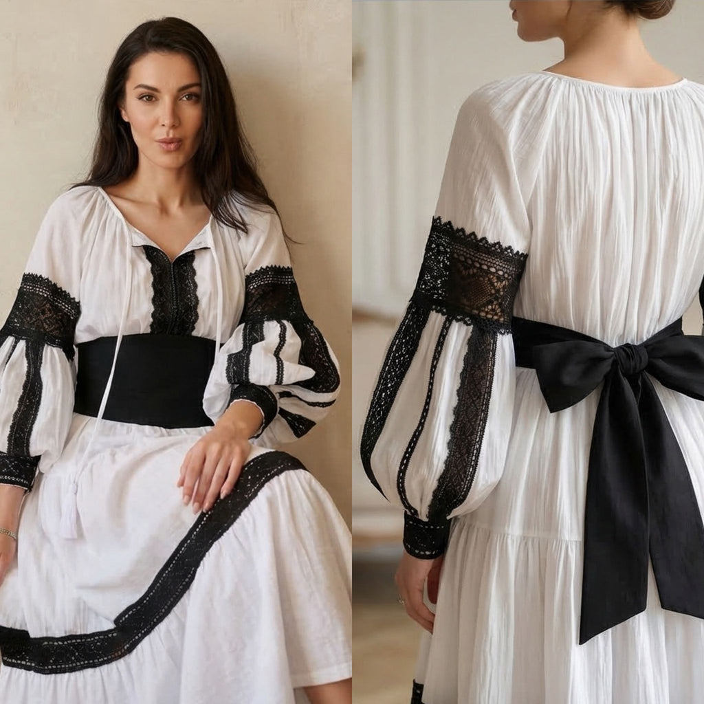 Rochie Nationala alba din panza topita, cu maneci ample si dantela - Elena