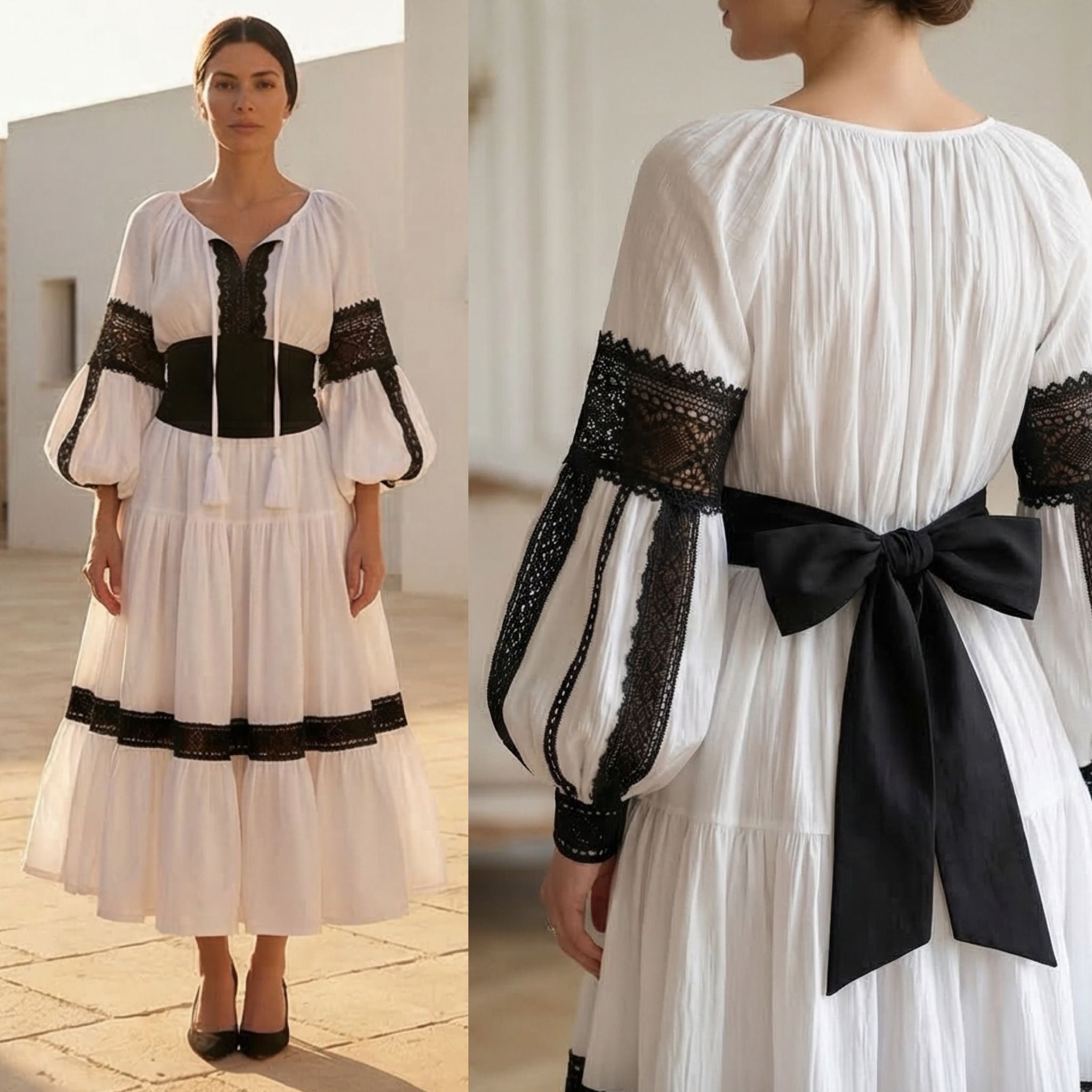 Rochie Nationala alba din panza topita, cu maneci ample si dantela - Elena