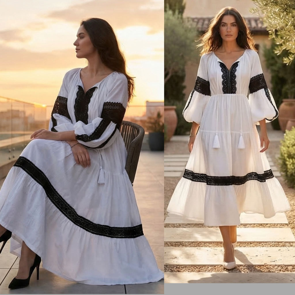 Rochie Nationala alba din panza topita, cu maneci ample si dantela - Elena