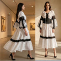Rochie Nationala alba din panza topita, cu maneci ample si dantela - Elena
