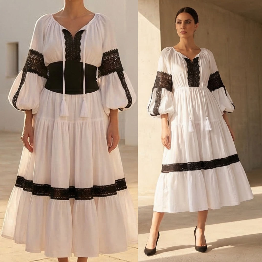 Rochie Nationala alba din panza topita, cu maneci ample si dantela - Elena