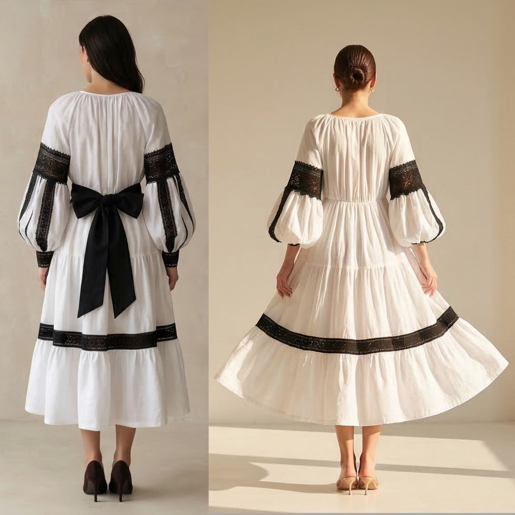 Rochie Nationala alba din panza topita, cu maneci ample si dantela - Elena