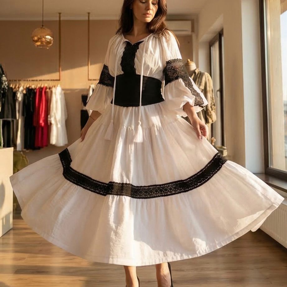 Rochie Nationala alba din panza topita, cu maneci ample si dantela - Elena