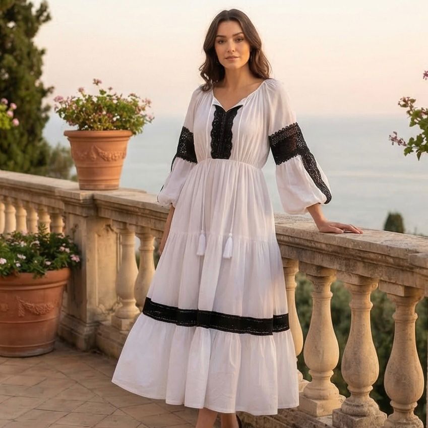 Rochie Nationala alba din panza topita, cu maneci ample si dantela - Elena