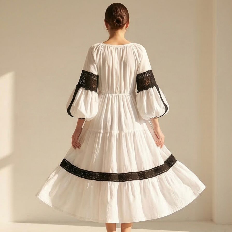 Rochie Nationala alba din panza topita, cu maneci ample si dantela - Elena