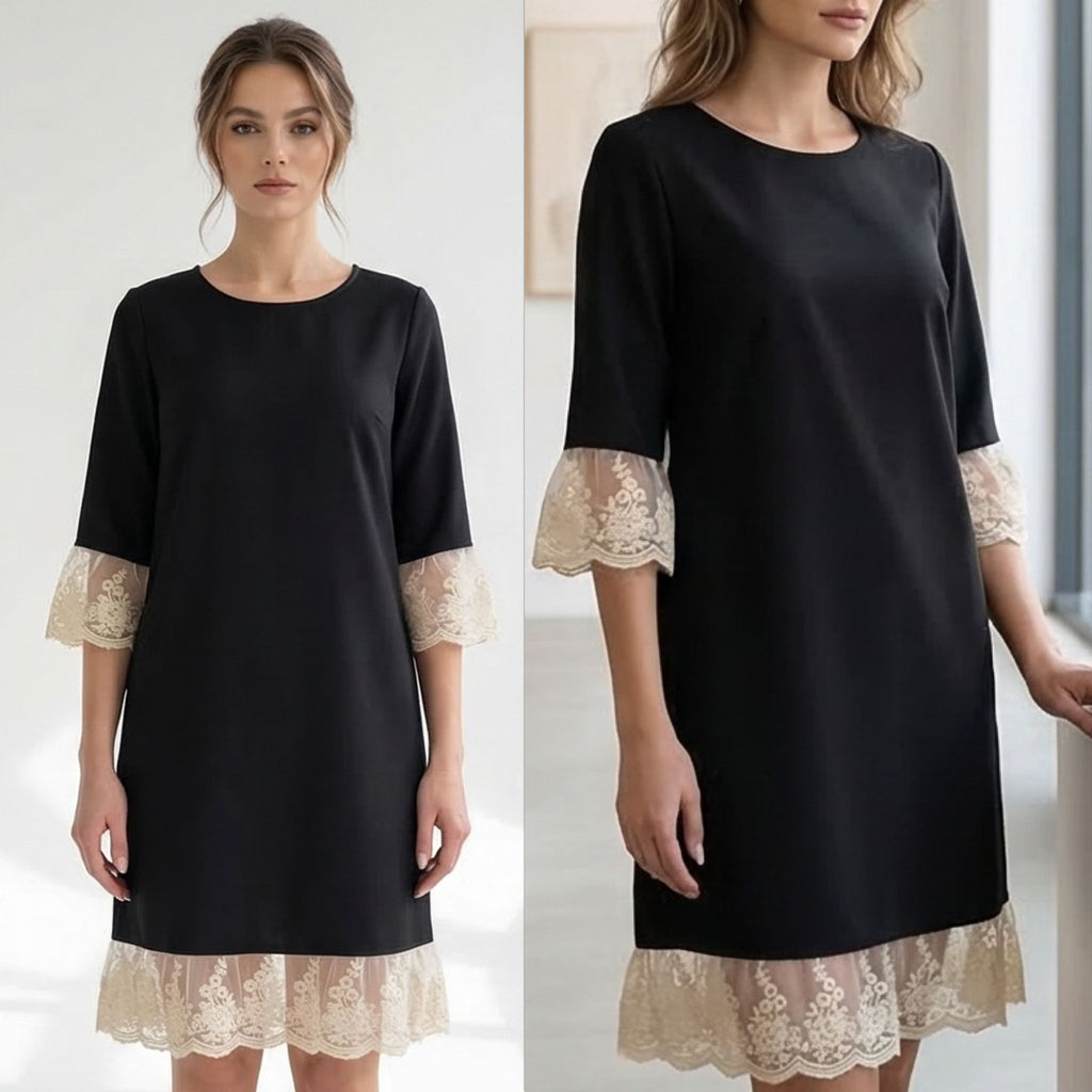 Rochie neagra din stofa cu dantela brodata - Paula 03