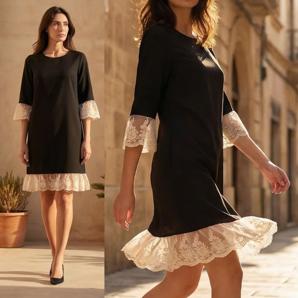 Rochie neagra din stofa cu dantela brodata - Paula 03