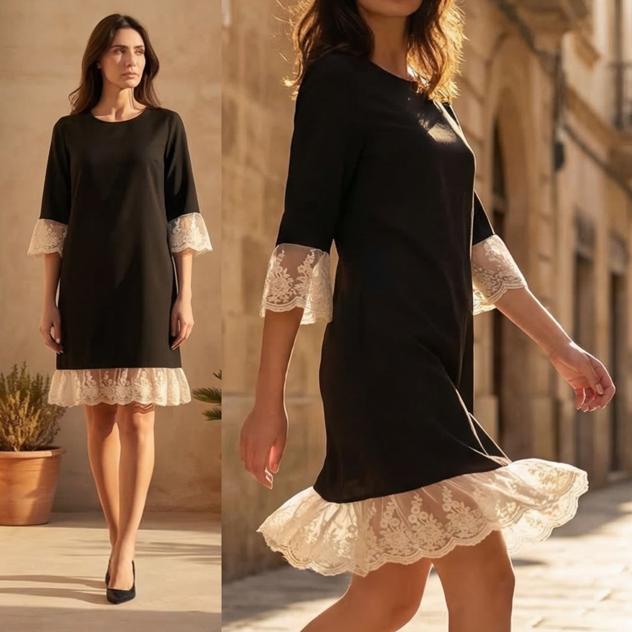 Rochie neagra din stofa cu dantela brodata - Paula 03