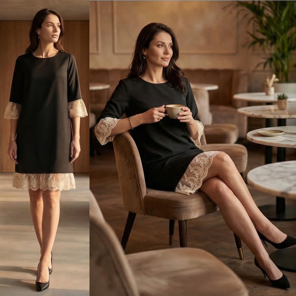 Rochie neagra din stofa cu dantela brodata - Paula 03