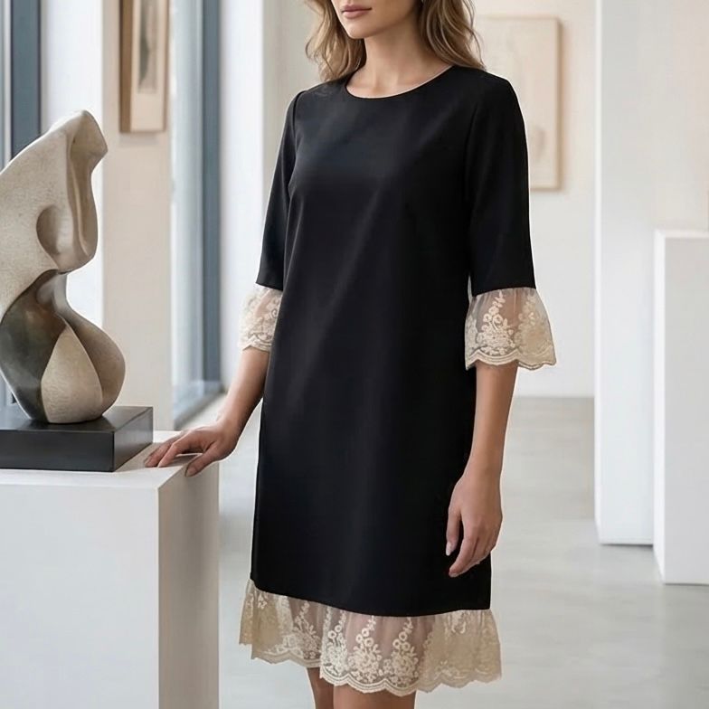 Rochie neagra din stofa cu dantela brodata - Paula 03