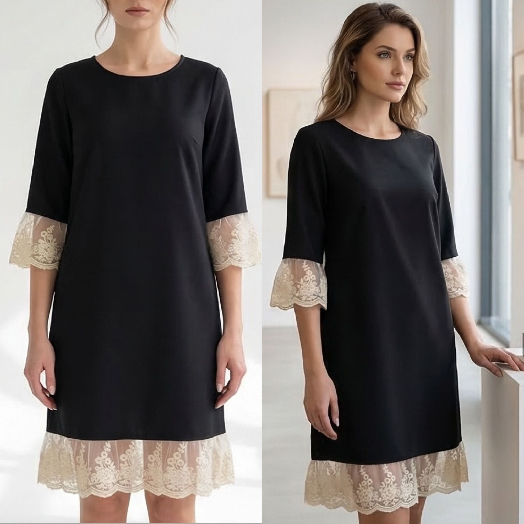 Rochie neagra din stofa cu dantela brodata - Paula 03