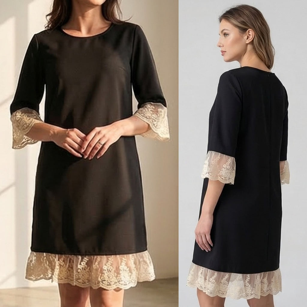 Rochie neagra din stofa cu dantela brodata - Paula 03