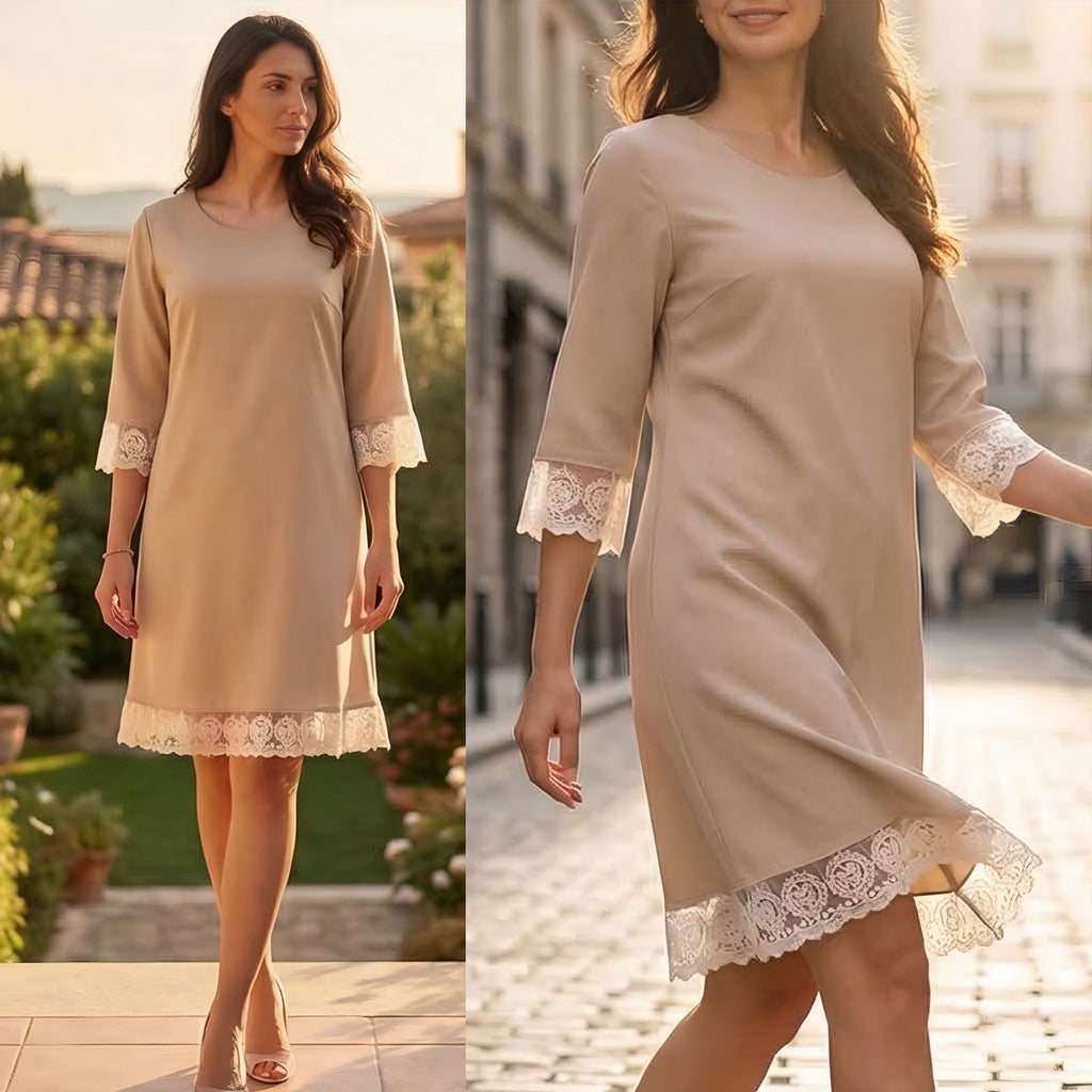 Rochie crem din stofa cu dantela brodata - Paula 04