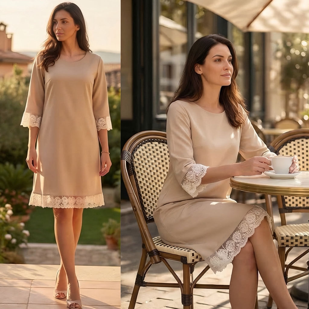 Rochie crem din stofa cu dantela brodata - Paula 04