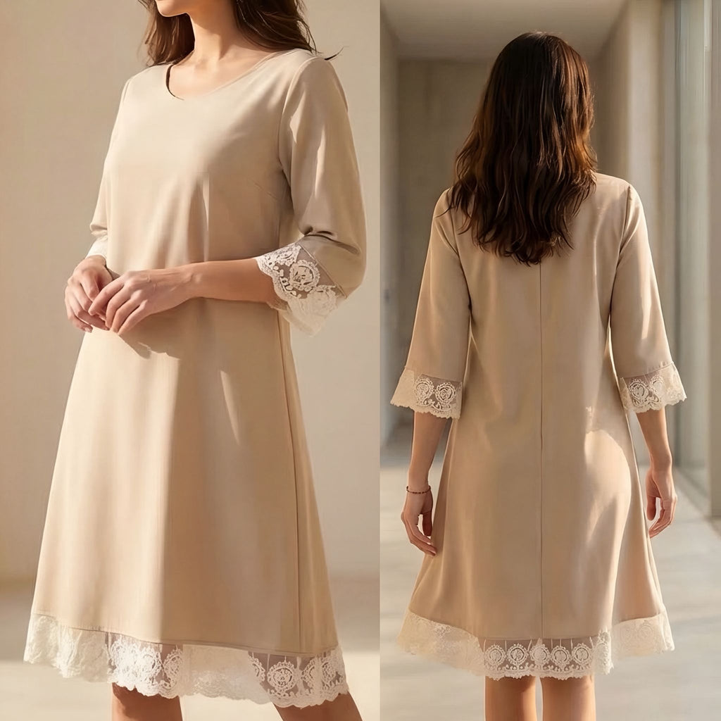 Rochie crem din stofa cu dantela brodata - Paula 04