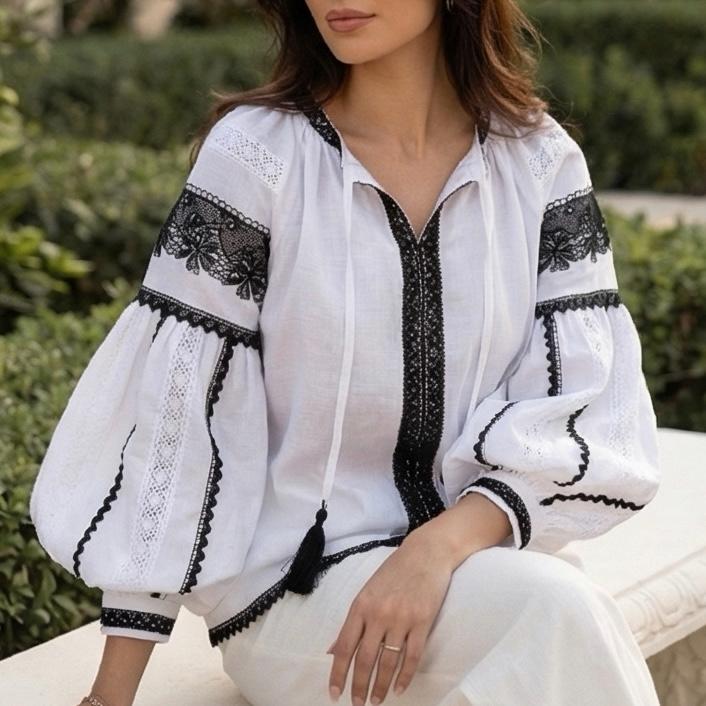 IE Nationala stilizata alba, cu croi modern din panza topita - Elena