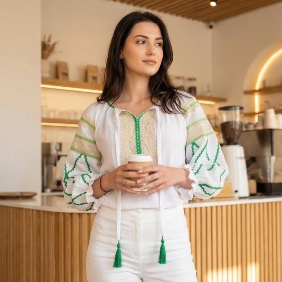 IE Nationala stilizata, moderna din panza topita alba - Maria verde