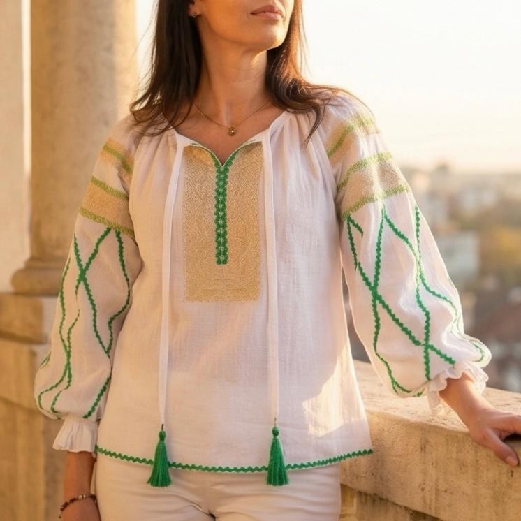 IE Nationala stilizata, moderna din panza topita alba - Maria verde